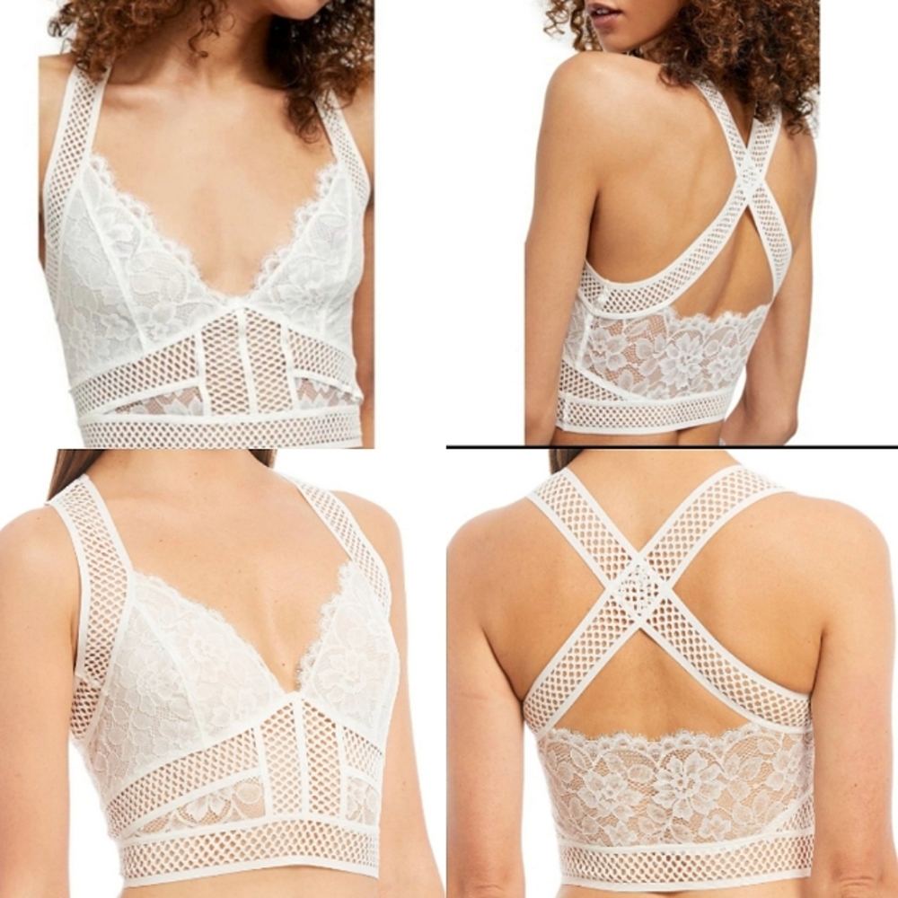 Med left Free People Floral Mesh Strappy Brami Top, Ivory white - Picture 3 of 9